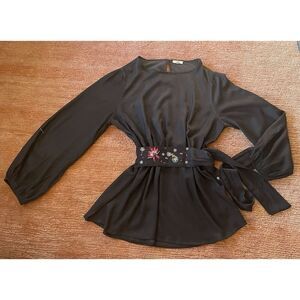 ODDY EMBROIDERED WAIST TIE CUPRO BLEND BLACK WOMEN LONG SLEEVE BLOUSE XL
